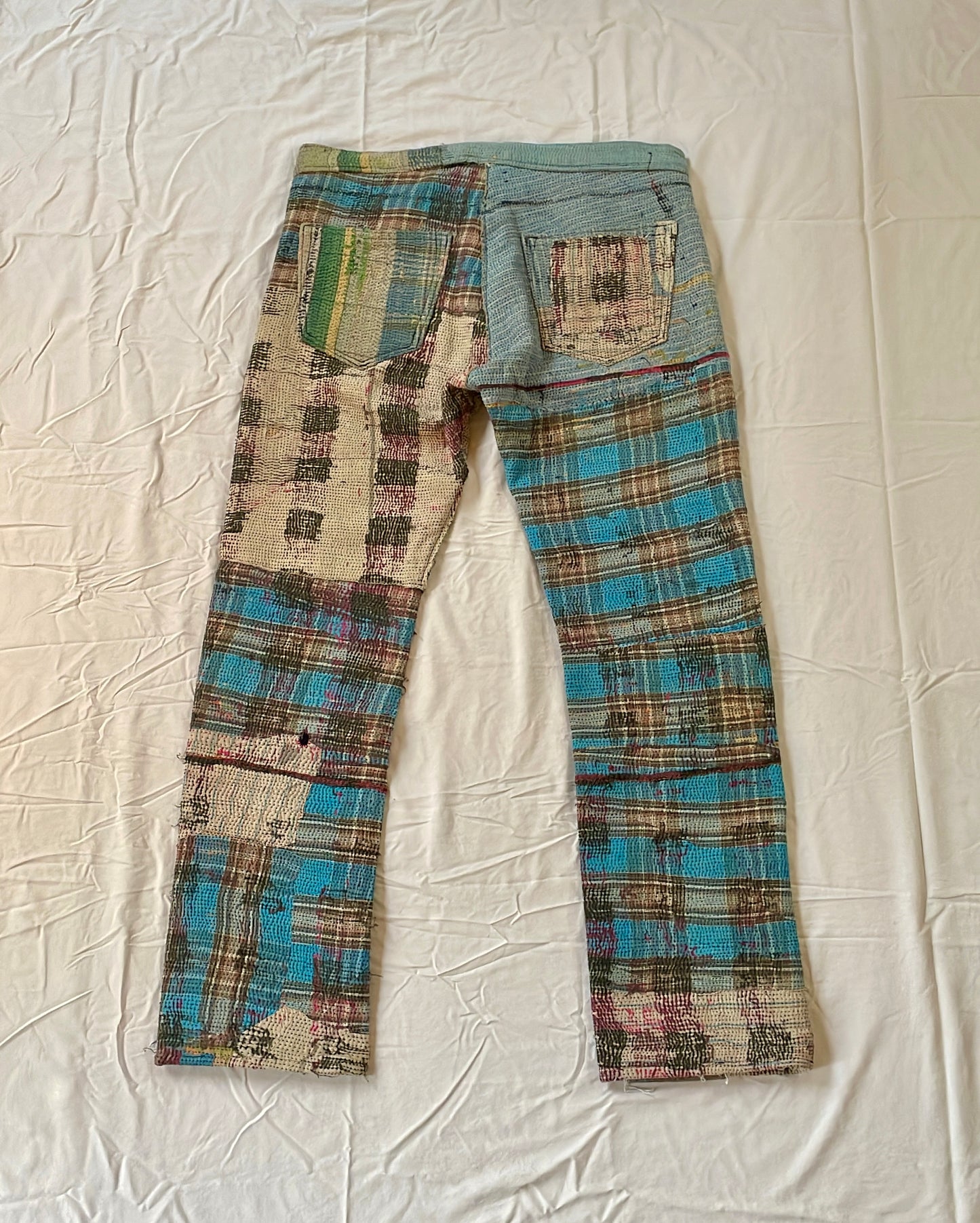 Plaid Reconstructed Kantha Denim Jeans