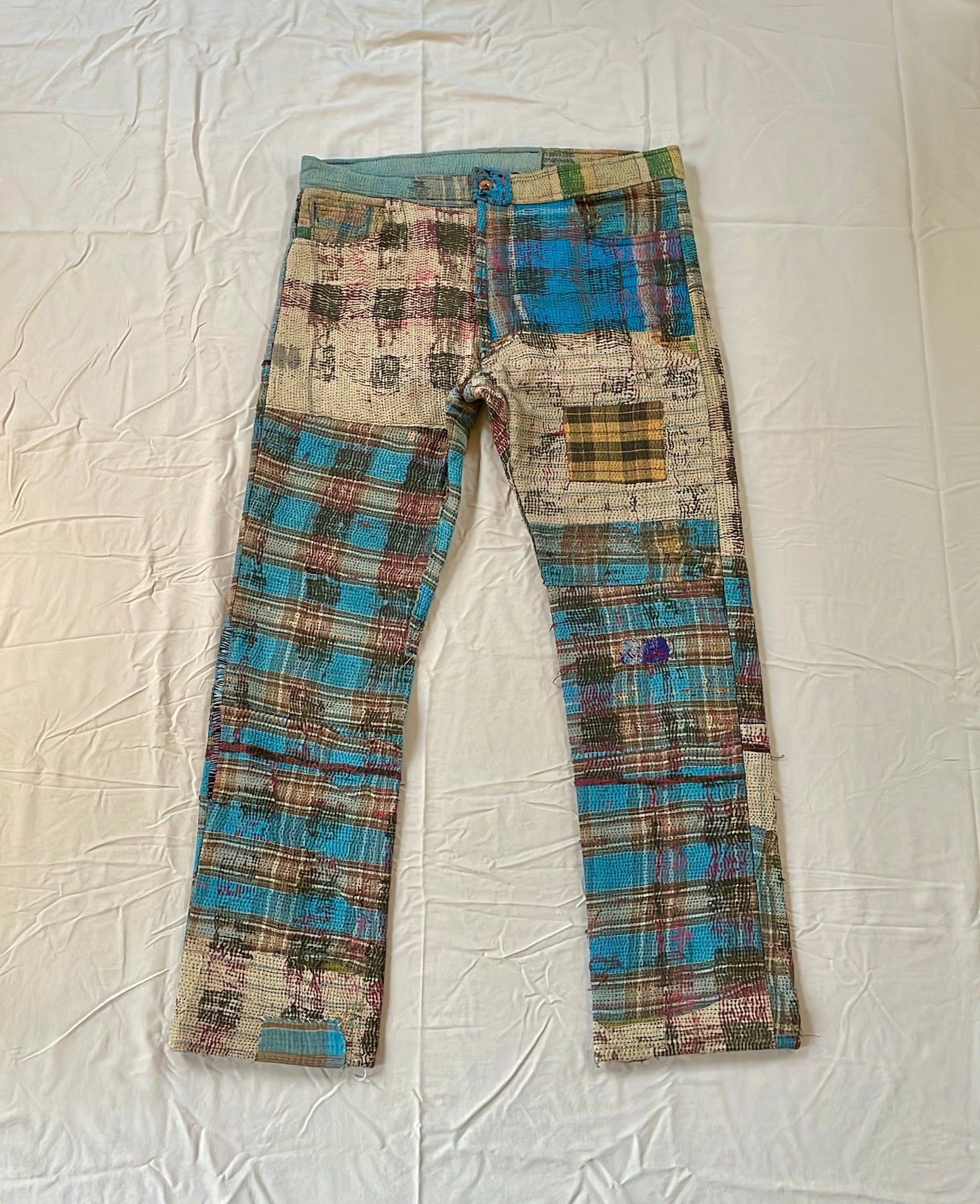 Plaid Reconstructed Kantha Denim Jeans