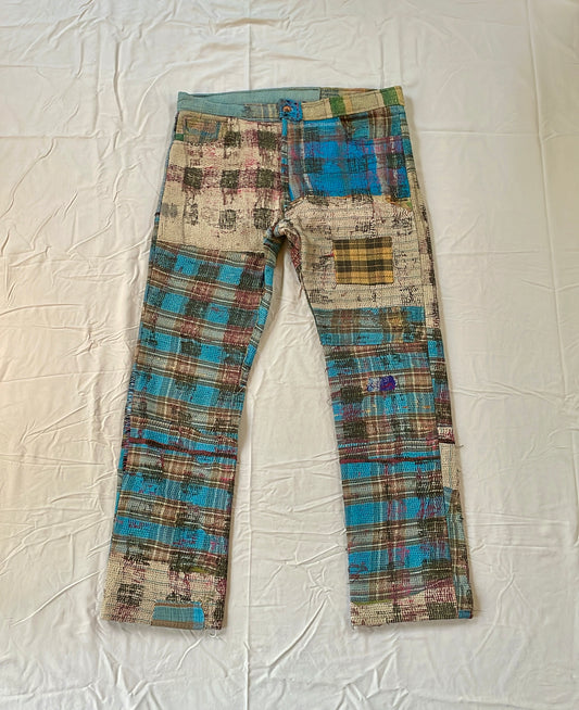 Plaid Reconstructed Kantha Denim Jeans